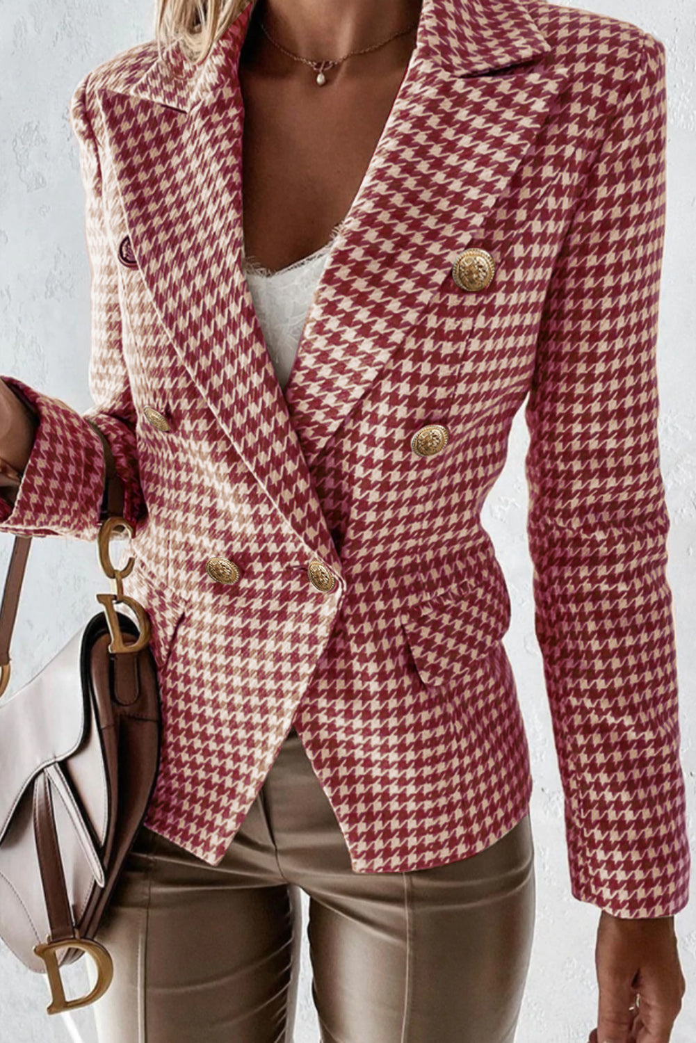 Hazel Blues® |  Houndstooth Collared Neck Double-Breasted Blazer