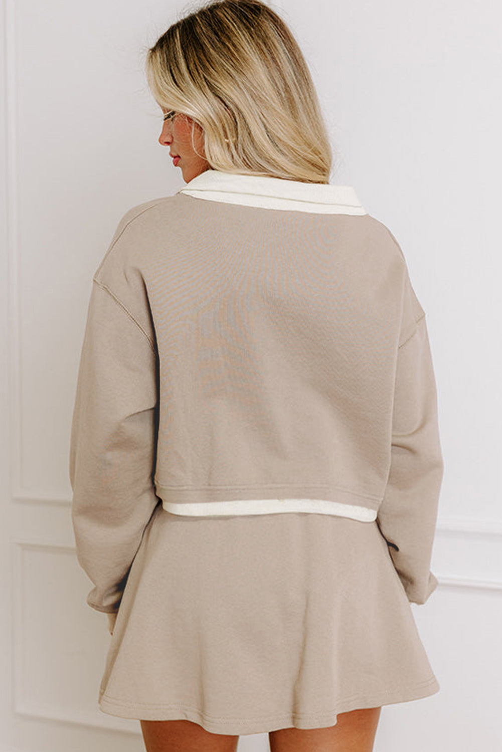 Hazel Blues® |  Parchment Raw Edge Detail Colorblock Patchwork Cropped Pullover Drawstring Skirt Set