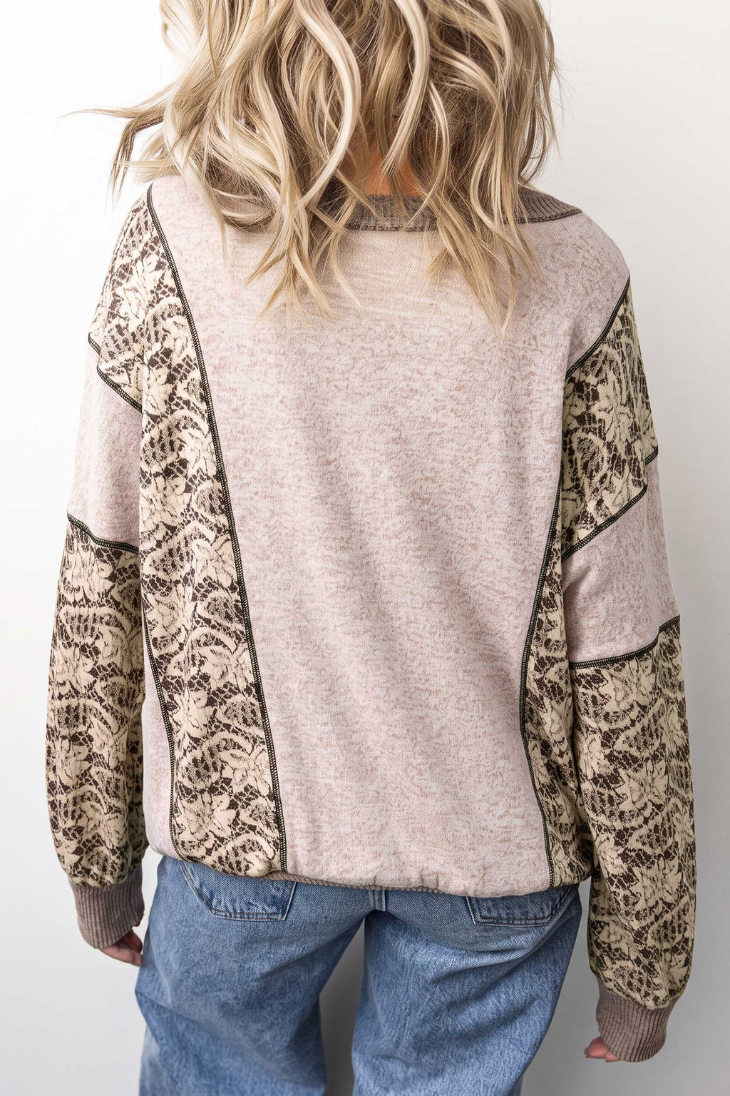 Caroline Rose Khaki Floral Print Round Neck Long-Sleeve Shift Top