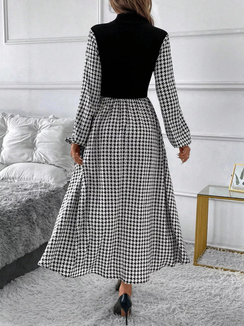 Hazel Blues® | Houndstooth Mock Neck A-Line Dress