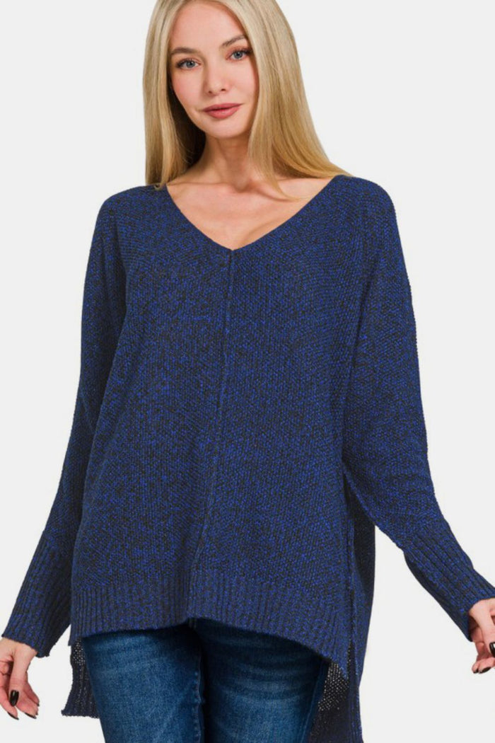 Hazel Blues® |  Zenana High-Low Center Seam V-Neck Sweater