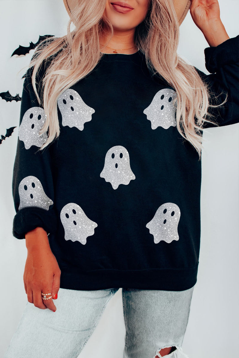 Hazel Blues® |  Black Glitter Ghost Pattern Crew Neck Halloween Sweatshirt