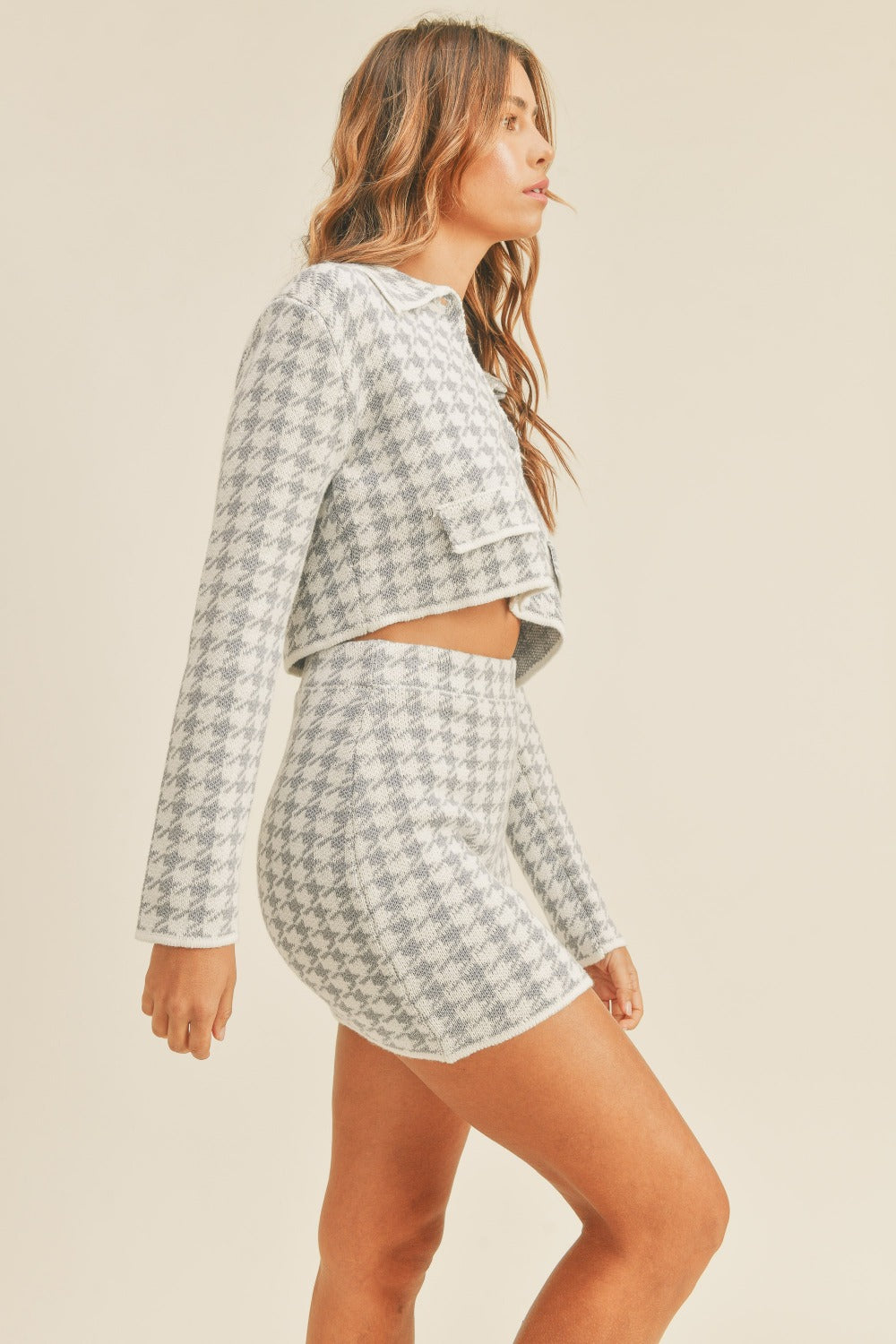 Hazel Blues® |  MABLE Houndstooth Cropped Knit Cardigan and Mini Skirt Set