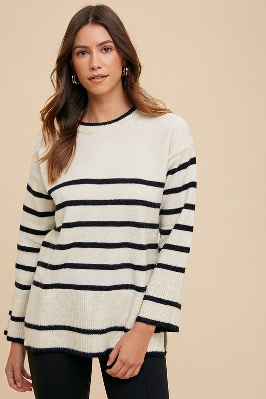 Hazel Blues® |  Annie Wear Side Slit Striped Round Neck Sweater