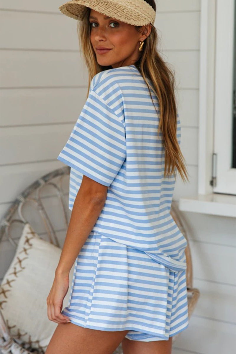 Hazel Blues® |  Striped Round Neck Top and Shorts Set