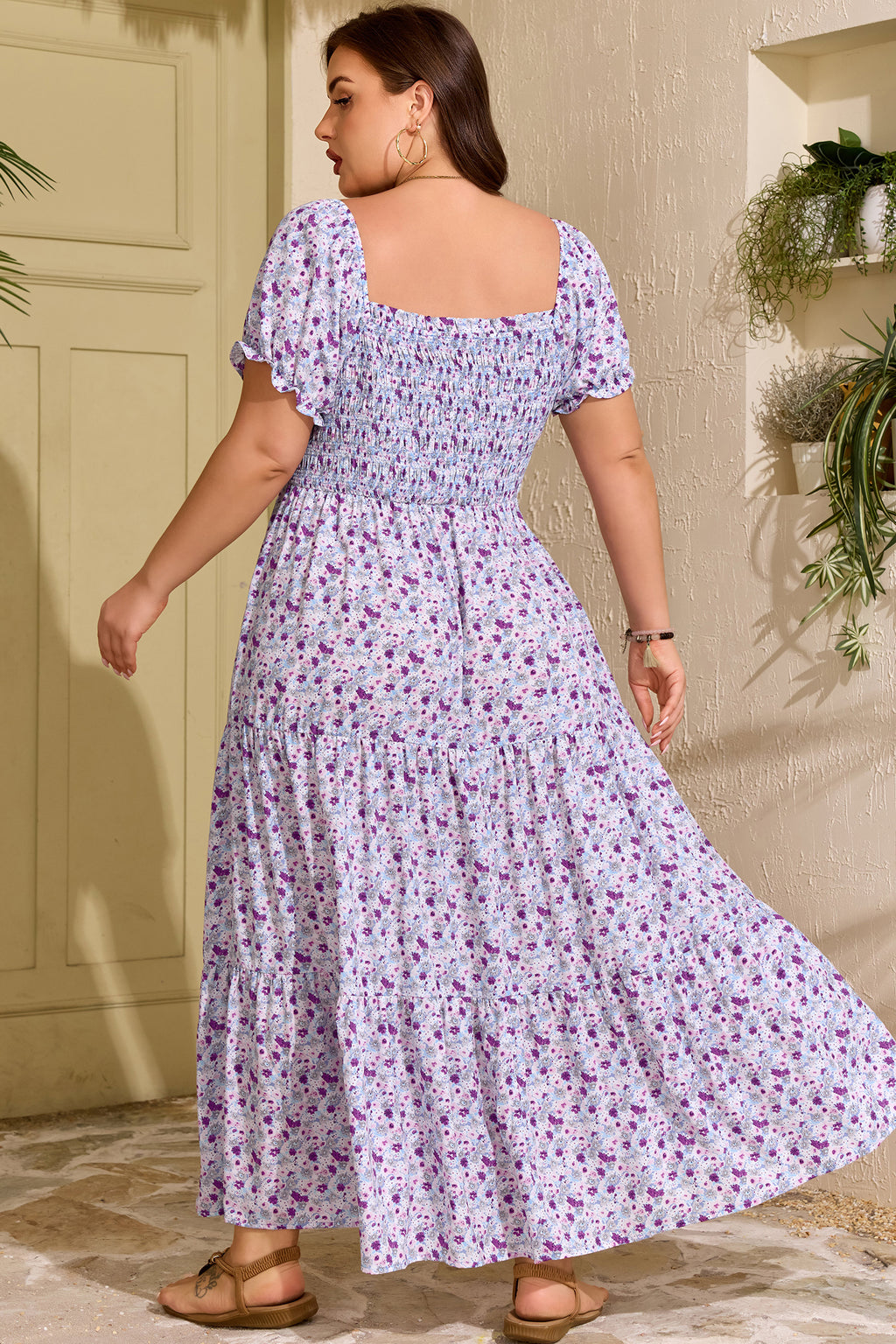 Purple Floral-Print Square-Neck Smocked Maxi Dress