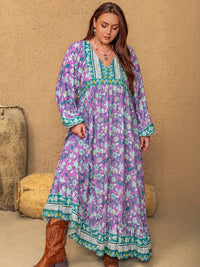 Hazel Blues® | Printed V-Neck Long Sleeve Maxi Dress