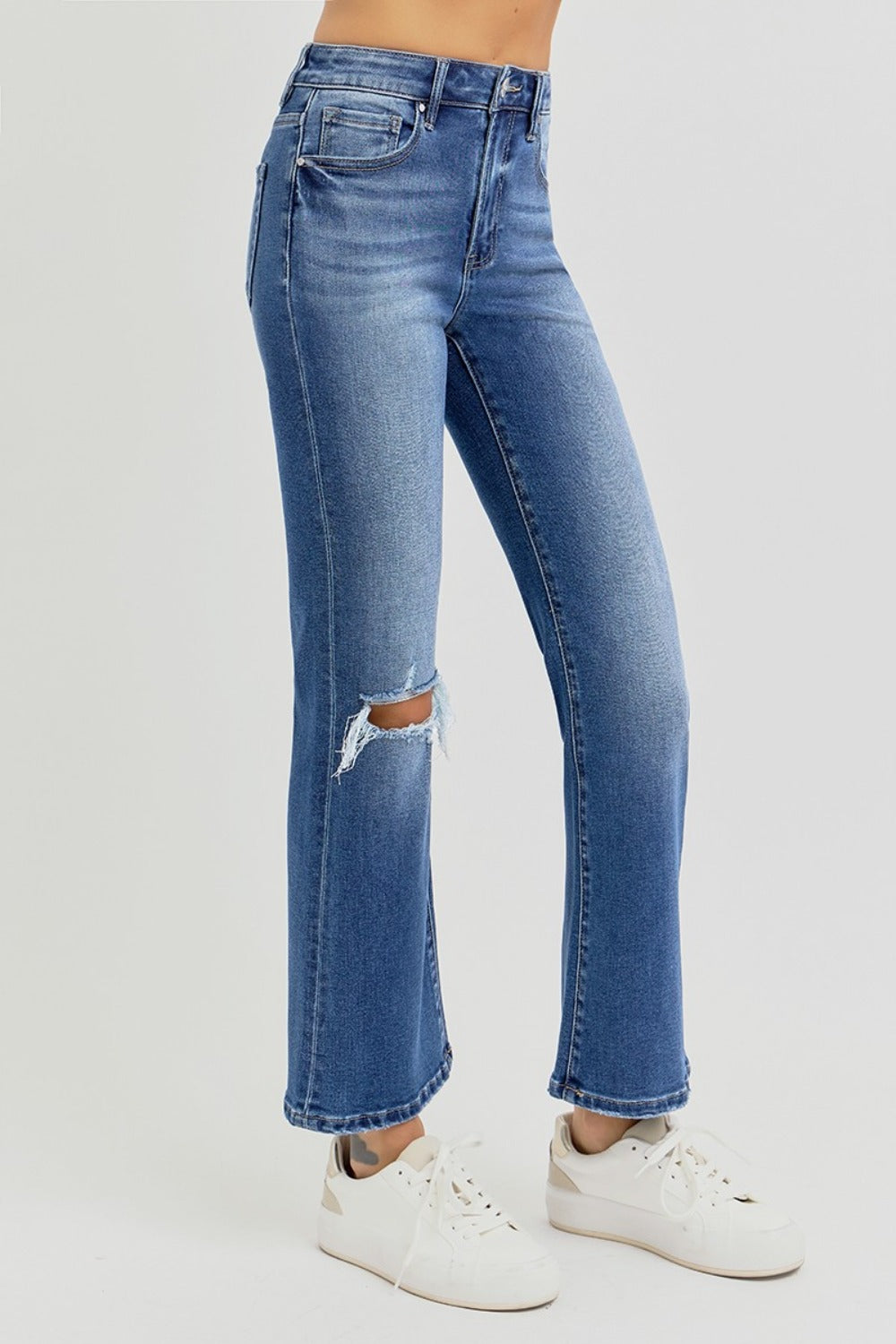 Hazel Blues® |  RISEN Distressed High Rise Crop Flare Jeans