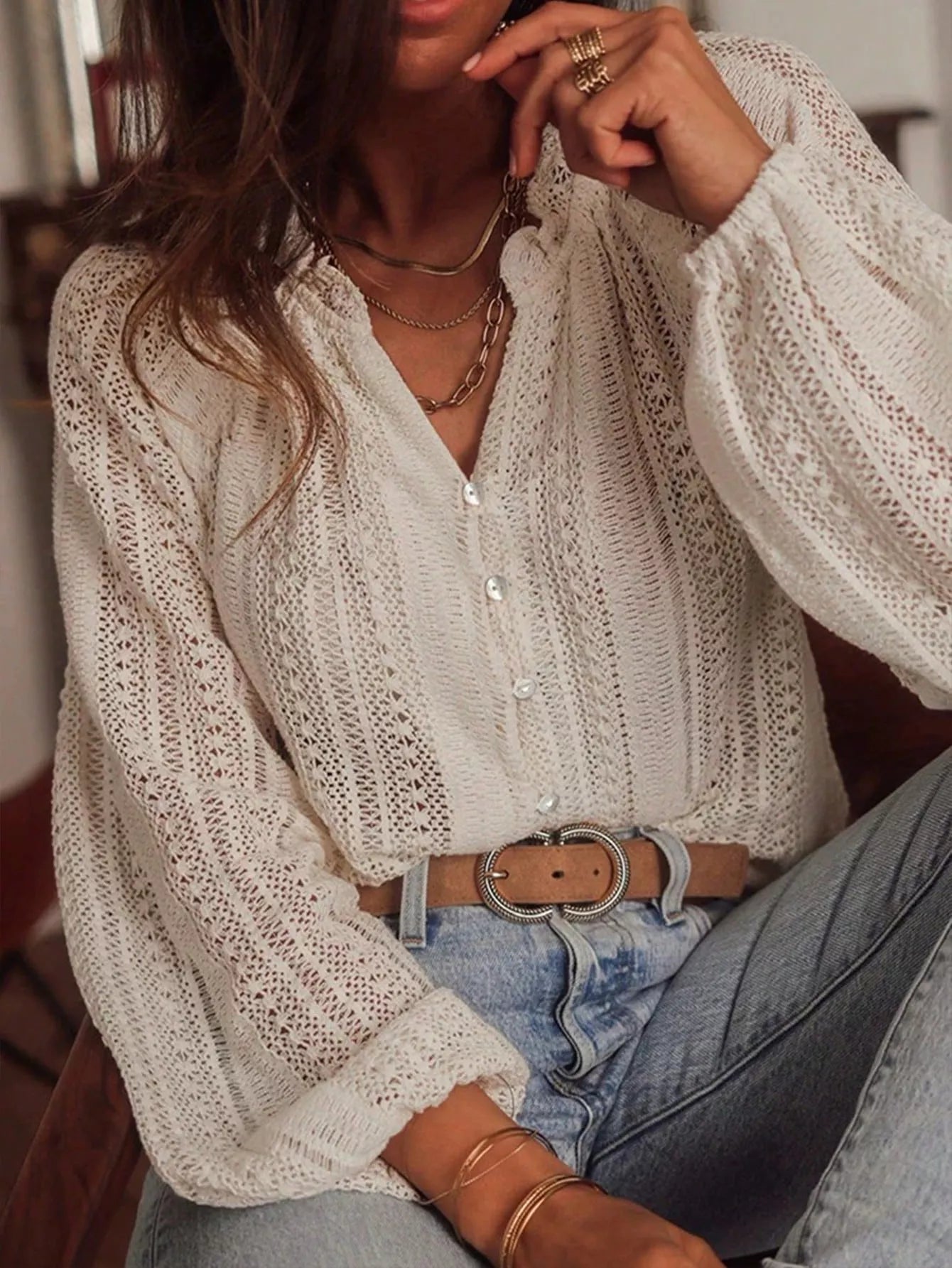 Hazel Blues® | Lace Notched Long Sleeve Shirt