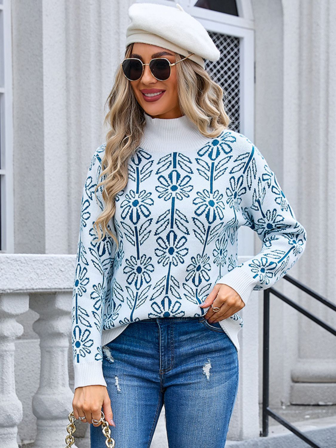 Hazel Blues® |  Flower Turtleneck Long Sleeve Sweater