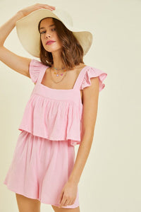 Hazel Blues® |  Gauze Square Neck Romper with Mini Ruffles on the Shoulder in Pink