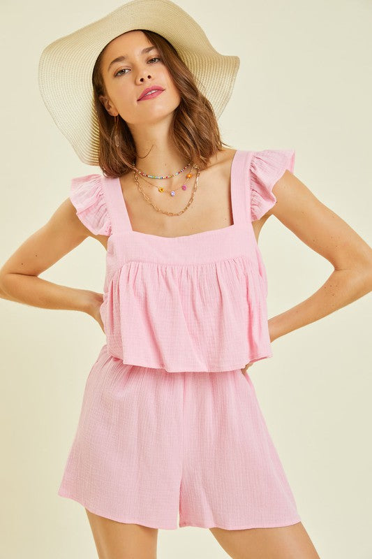 Hazel Blues® |  Gauze Square Neck Romper with Mini Ruffles on the Shoulder in Pink