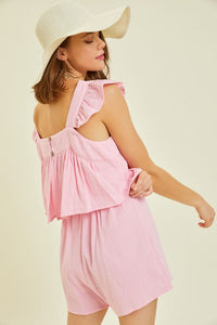 Hazel Blues® |  Gauze Square Neck Romper with Mini Ruffles on the Shoulder in Pink