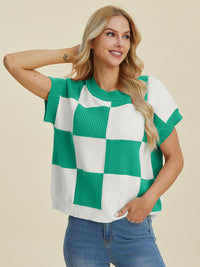 Hazel Blues® |  Double Take Checkered Round Neck Short Sleeve Sweater