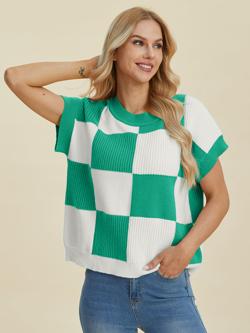 Hazel Blues® |  Double Take Checkered Round Neck Short Sleeve Sweater