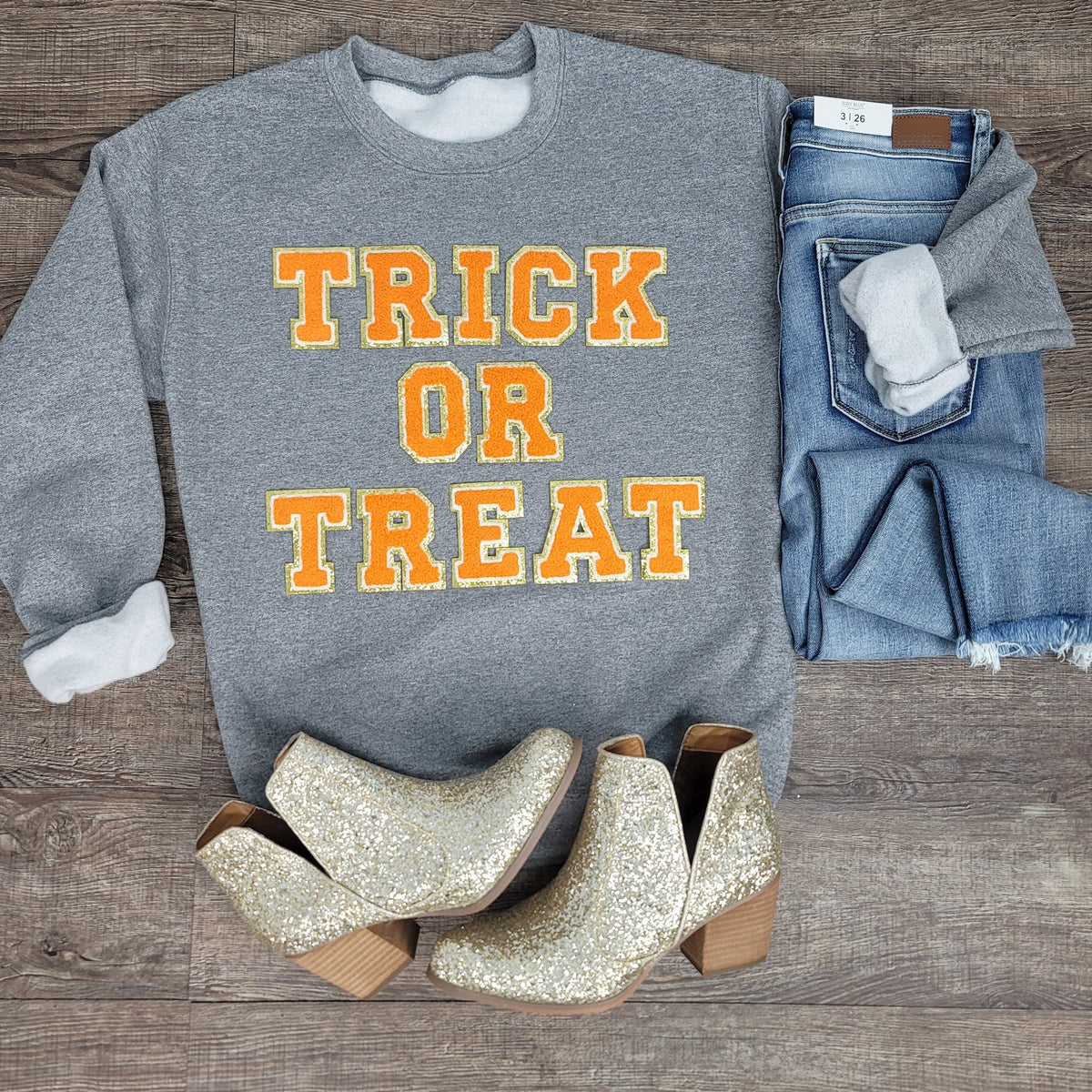 3Blues Designs |   Hazel Blues® |  Trick or Treat Chenille Patch Sweatshirt