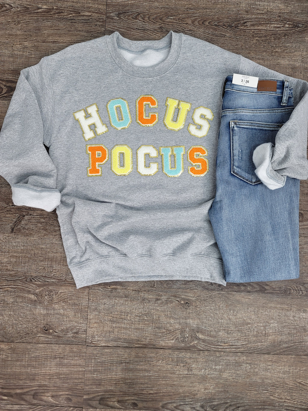 Hazel Blues® |  Hocus Pocus Chenille Patch Sweatshirt: Multi Color