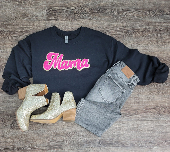 3Blues Designs |   Hazel Blues® |  Mama Script Chenille Patch Sweatshirt