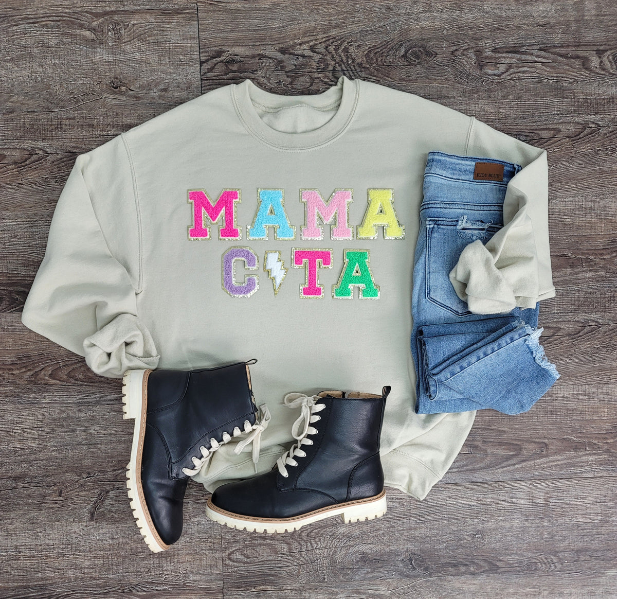 3Blues Designs |   Hazel Blues® |  Mama C⚡️ta Chenille Patch Sweatshirt