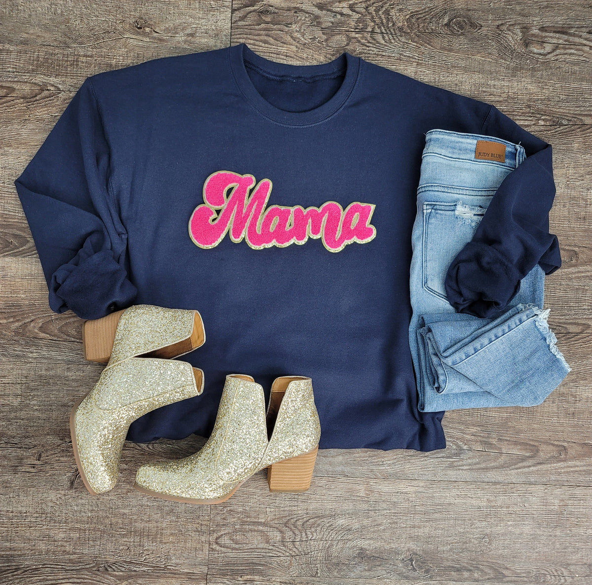 3Blues Designs |   Hazel Blues® |  Mama Script Chenille Patch Sweatshirt