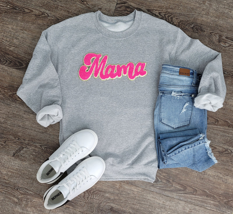 Hazel Blues® |  Mama Script Chenille Patch Sweatshirt