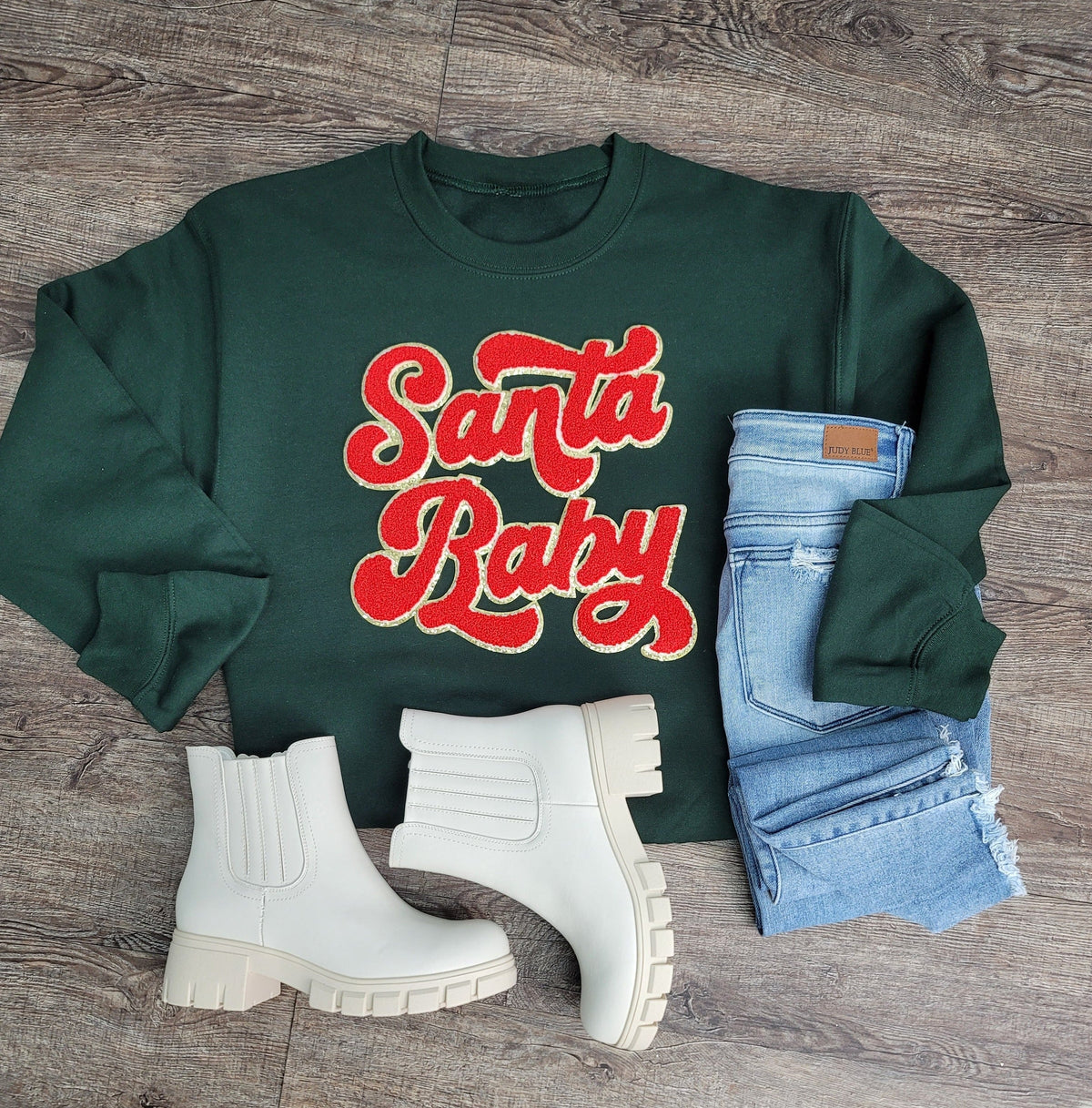 Hazel Blues® |  Santa Baby Chenille Patch Sweatshirt: RED