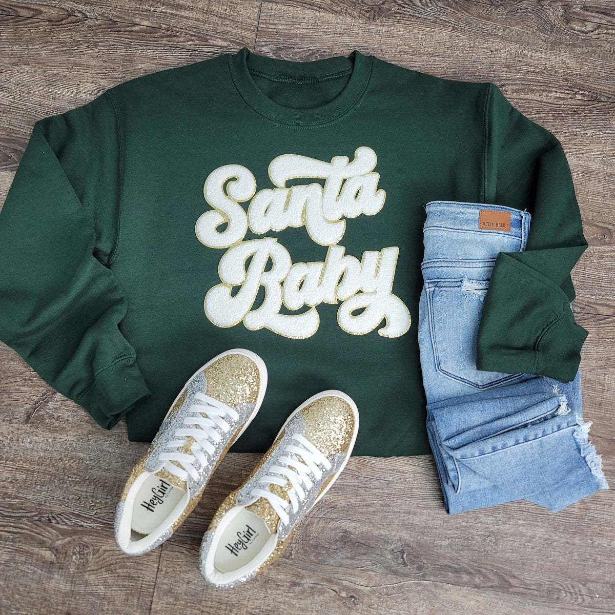 3Blues Designs |  3Blues Designs |  Hazel Blues® |  Santa Baby Chenille Patch Sweatshirt: WHITE