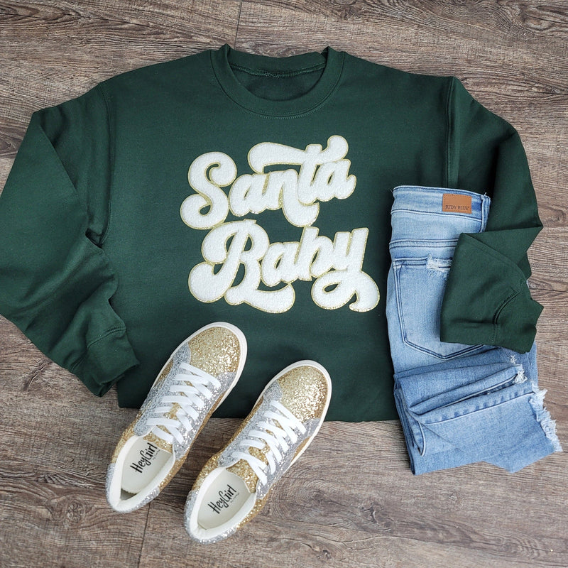 3Blues Designs |   Hazel Blues® |  Santa Baby Chenille Patch Sweatshirt: WHITE