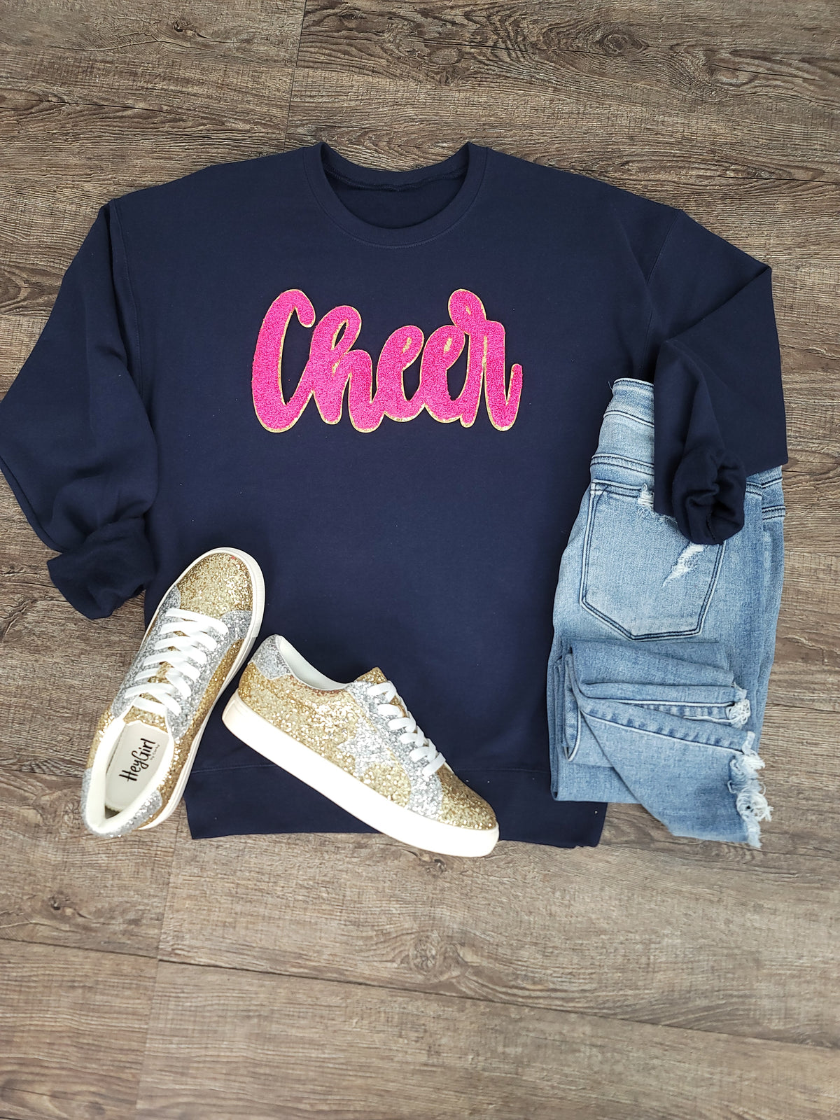 3Blues Designs |  Cheer Script Chenille Patch Sweatshirt