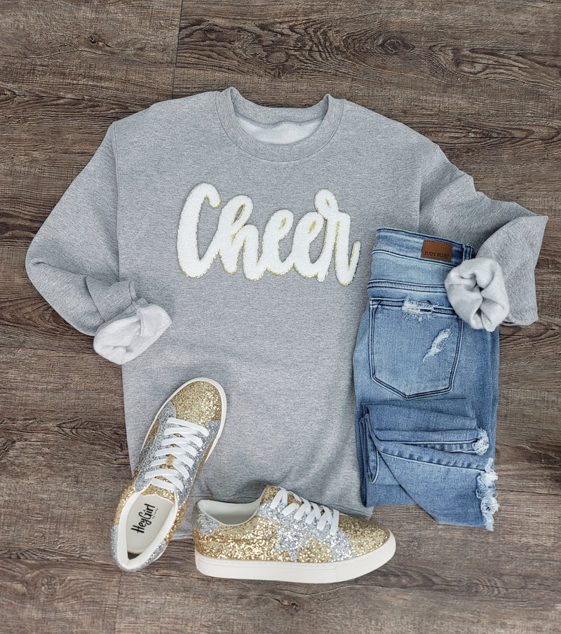 3Blues Designs |  Cheer Script Chenille Patch Sweatshirt