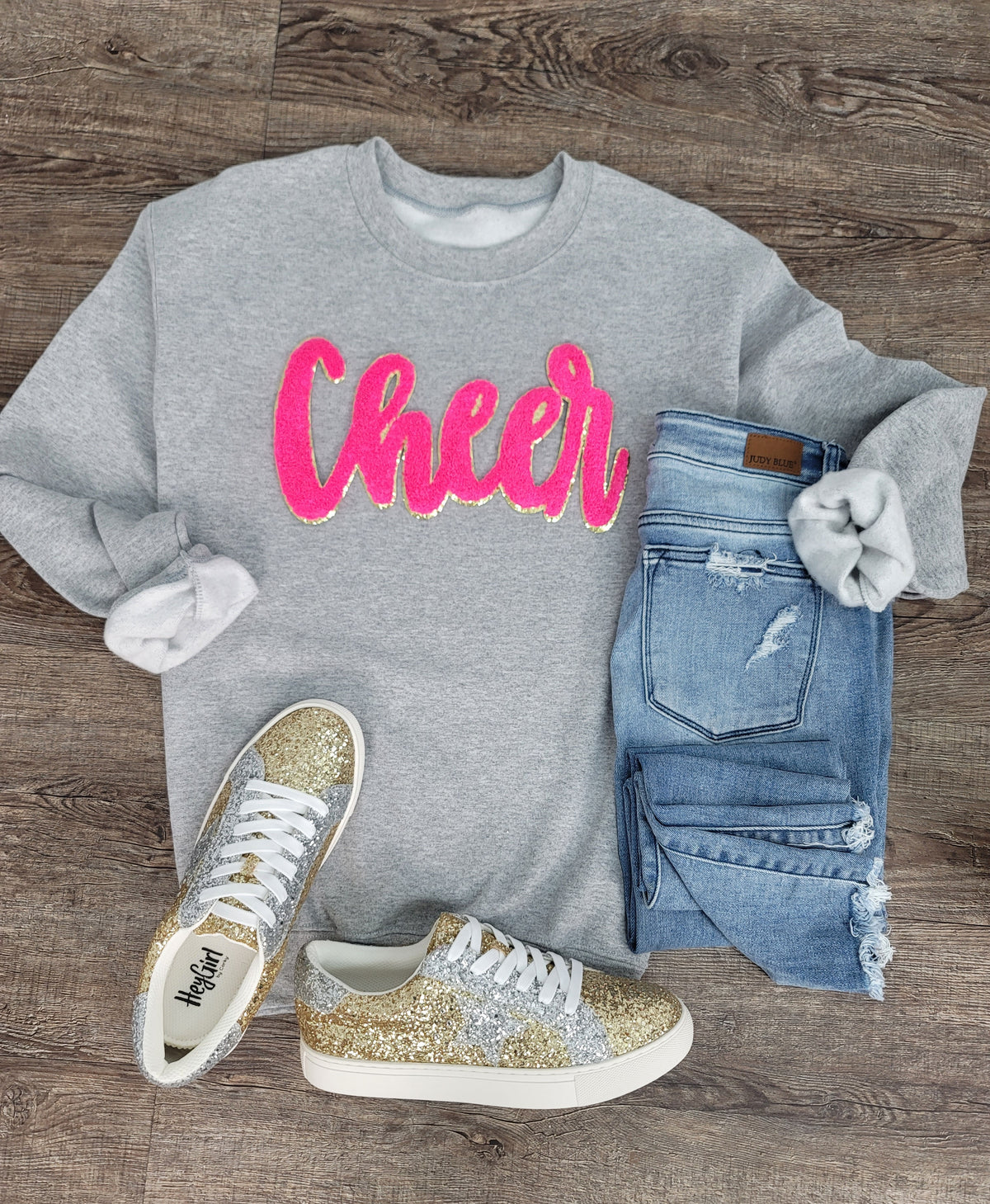 3Blues Designs |  Cheer Script Chenille Patch Sweatshirt