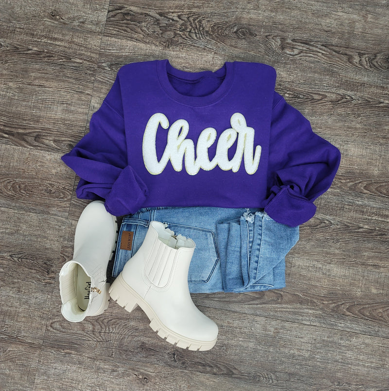 3Blues Designs |  Cheer Script Chenille Patch Sweatshirt