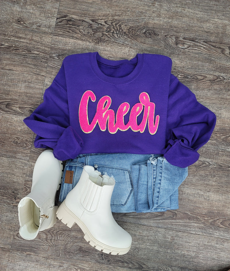 3Blues Designs |  Cheer Script Chenille Patch Sweatshirt