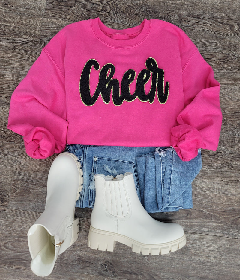 3Blues Designs |  Cheer Script Chenille Patch Sweatshirt