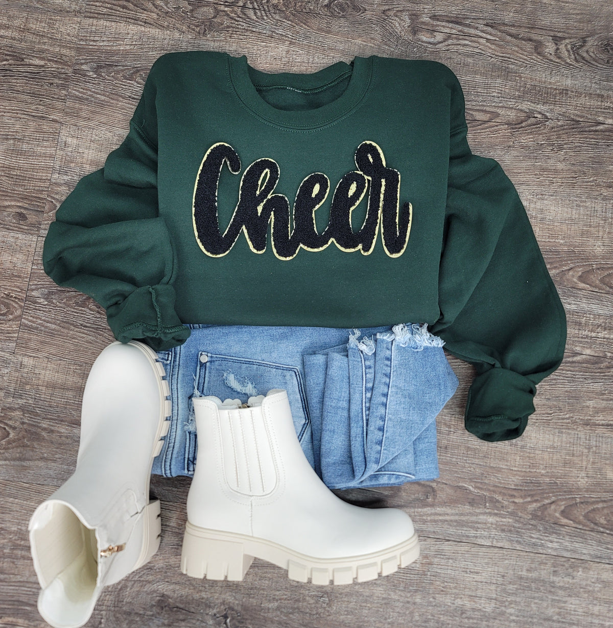 3Blues Designs |  Cheer Script Chenille Patch Sweatshirt