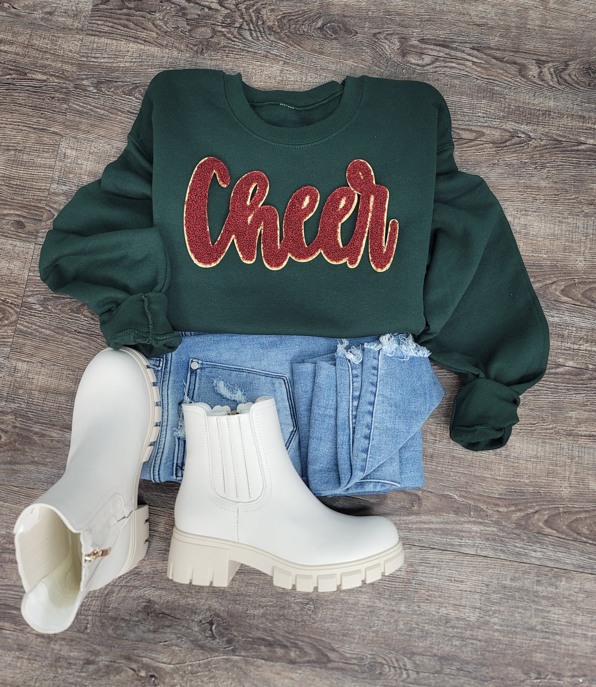 3Blues Designs |  Cheer Script Chenille Patch Sweatshirt