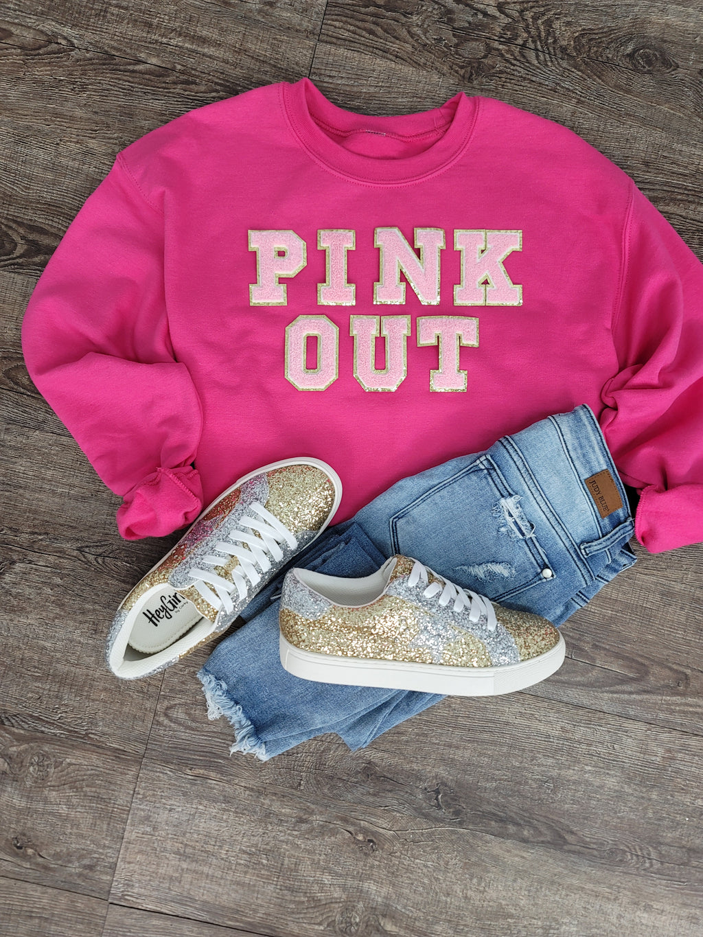 Hazel Blues® |  Pink Out Chenille Patch Sweatshirt