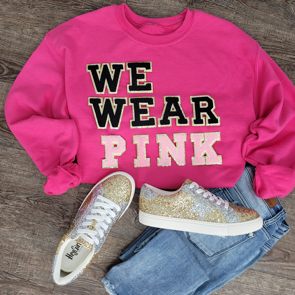 Hazel Blues® |  We Wear Pink Chenille Patch Sweatshirt
