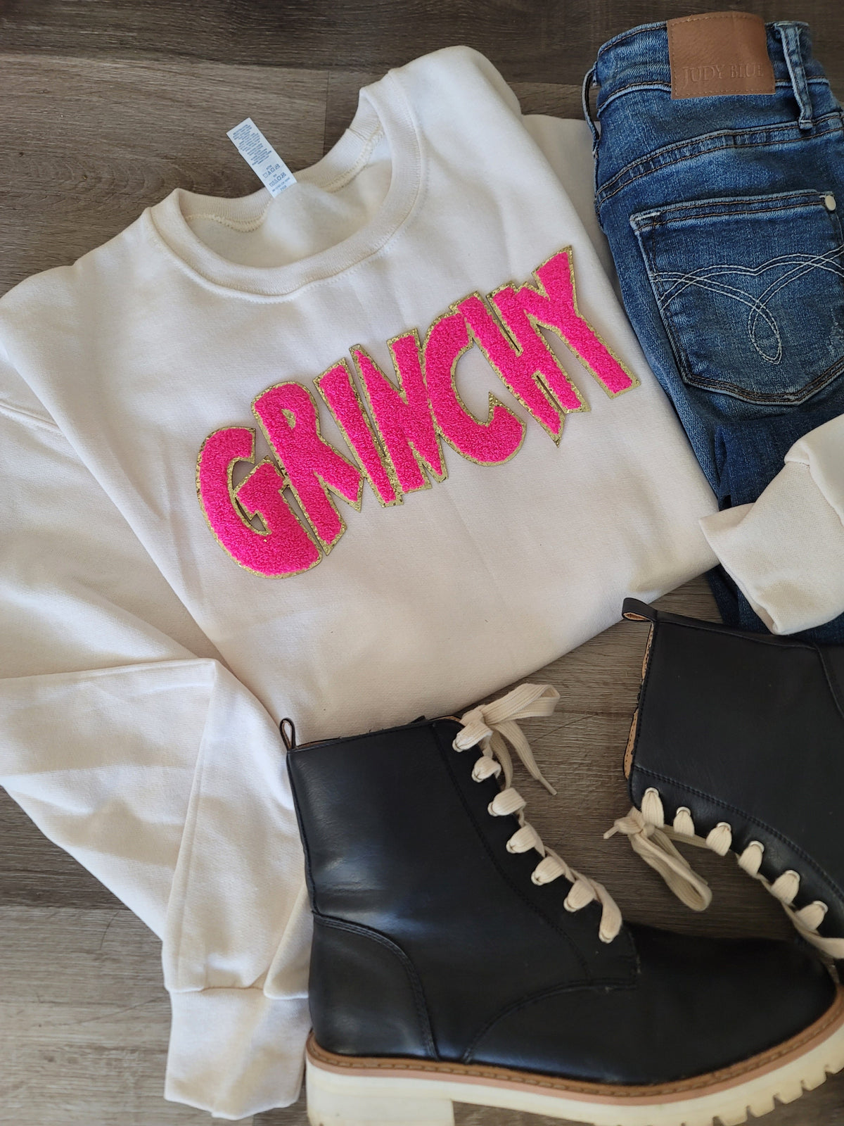 Hazel Blues® |  Grinchy Chenille Patch Sweatshirt: HOT PINK