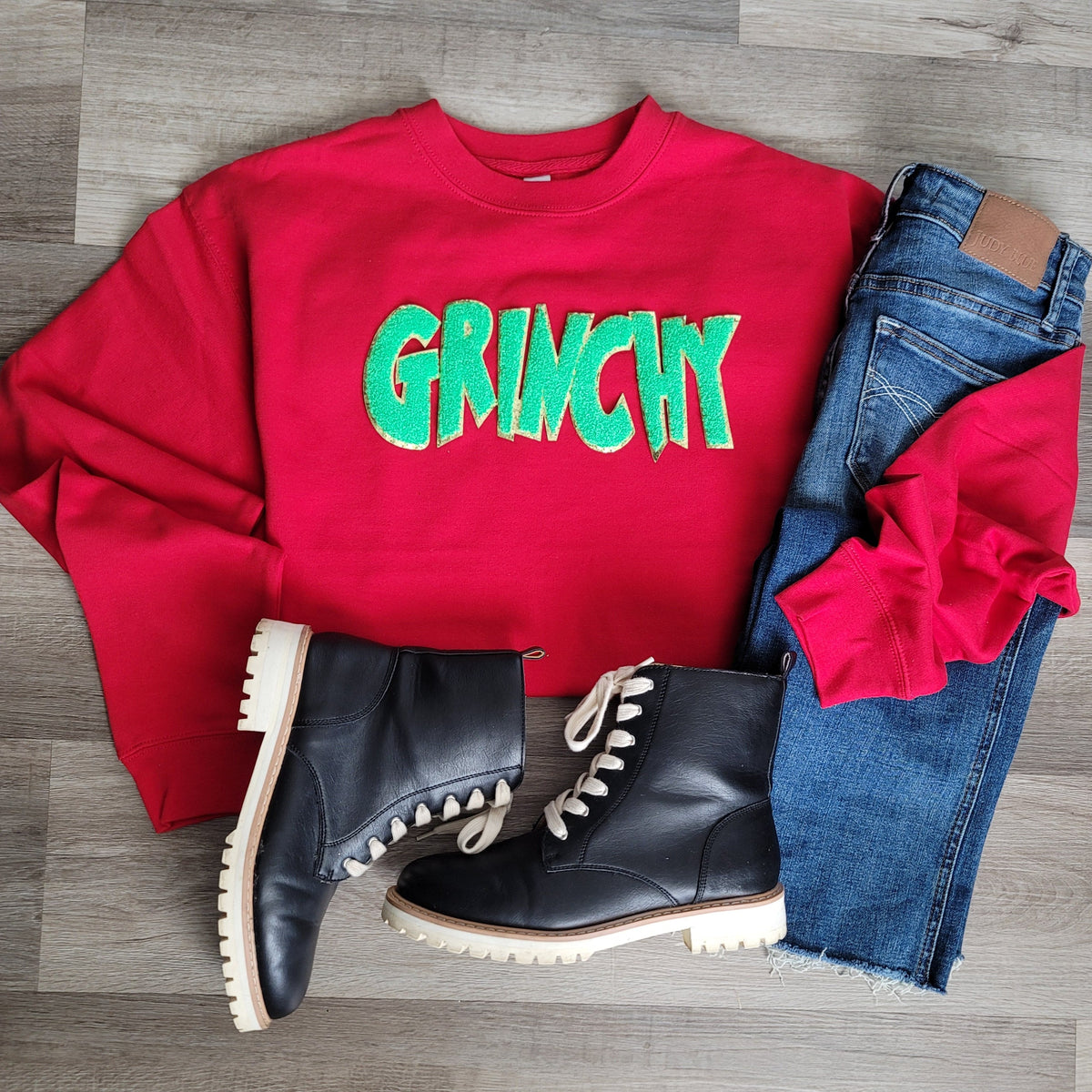 3Blues Designs |   Hazel Blues® |  Grinchy Chenille Patch Sweatshirt: LIME GREEN