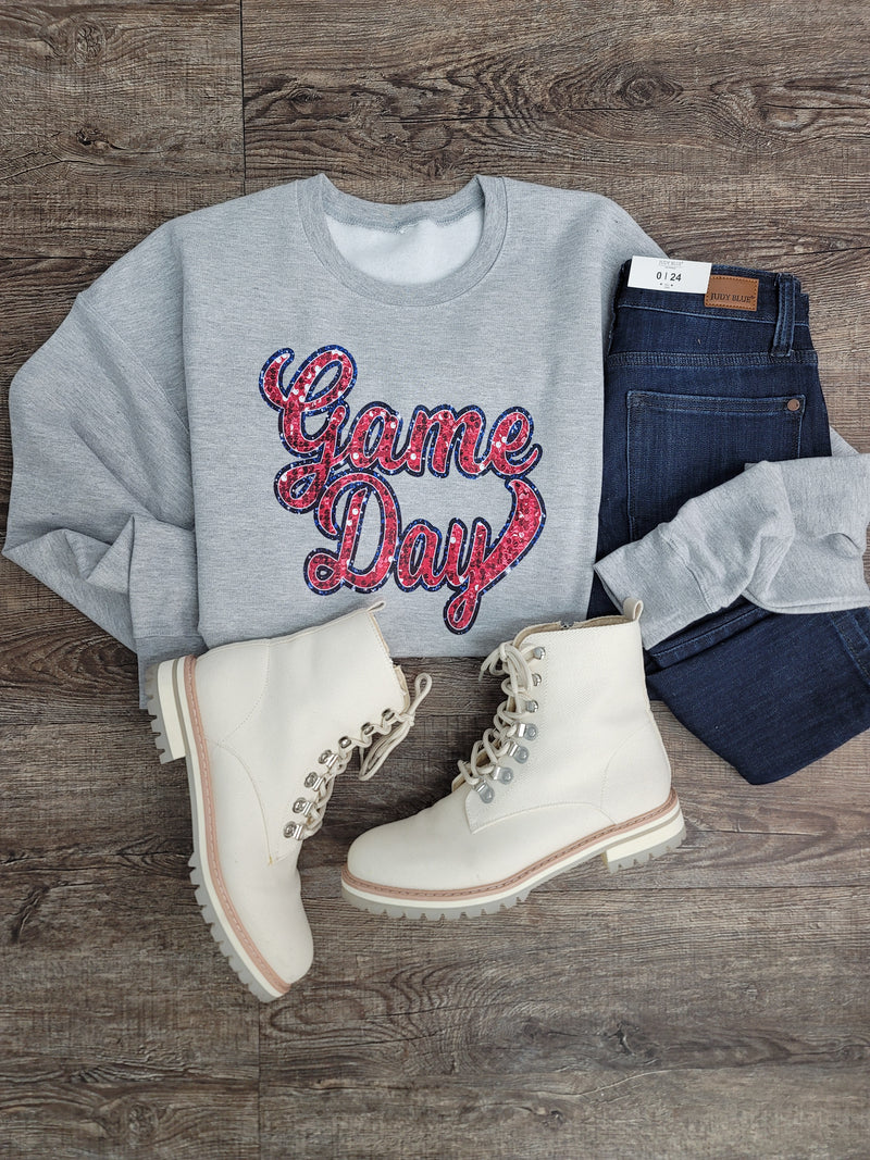 Hazel Blues® |  Game Day Faux Chenille Sequin Patches Sweatshirt: Red & Navy