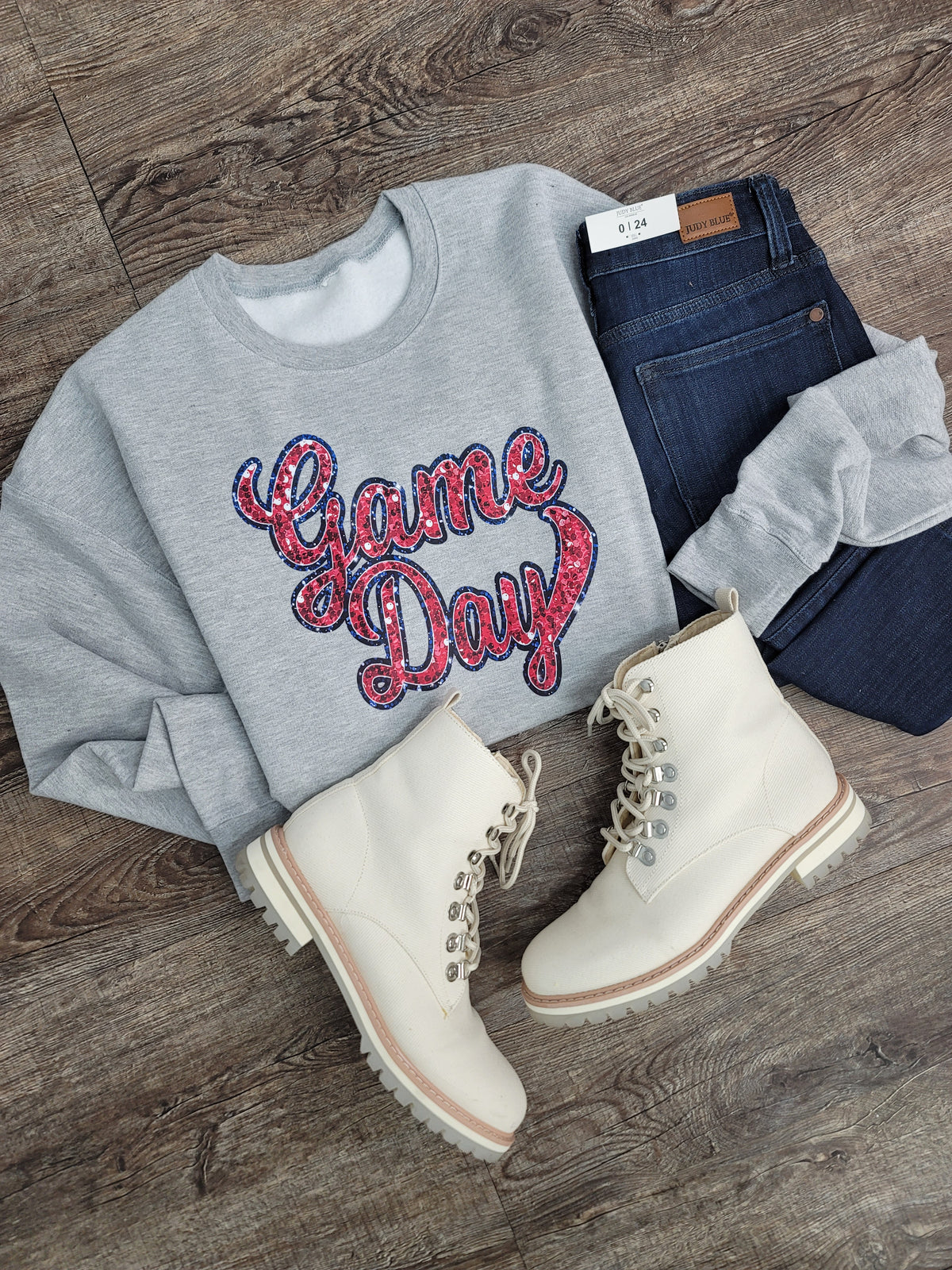 Hazel Blues® |  Game Day Faux Chenille Sequin Patches Sweatshirt: Red & Navy