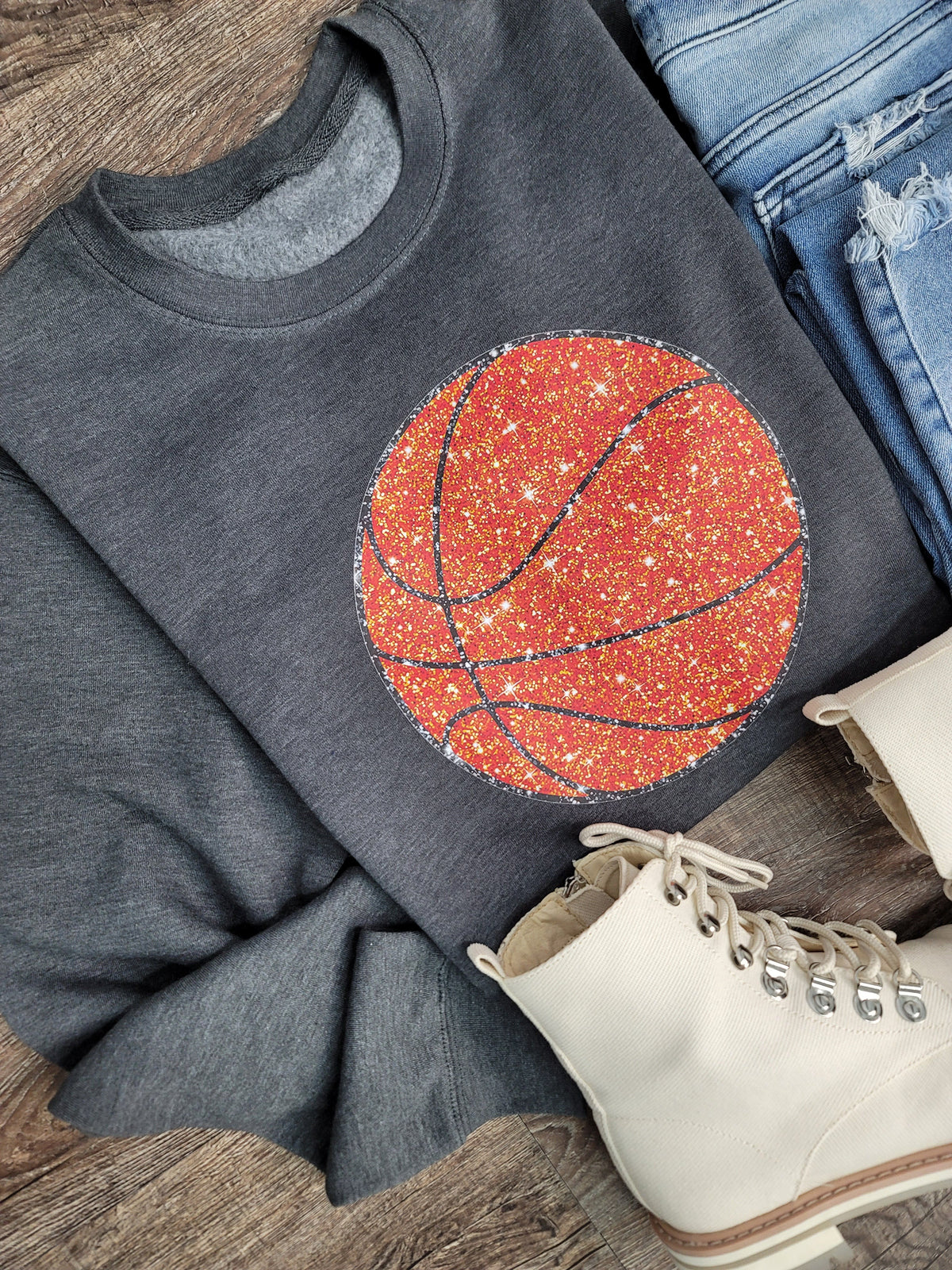 Hazel Blues® |  Large Basketball Faux Glitter Graphic Sweatshirt