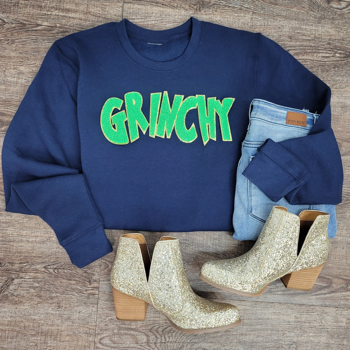 Hazel Blues® |  Grinchy Chenille Patch Sweatshirt: LIME GREEN