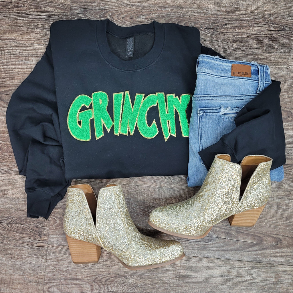 Hazel Blues® |  Grinchy Chenille Patch Sweatshirt: LIME GREEN