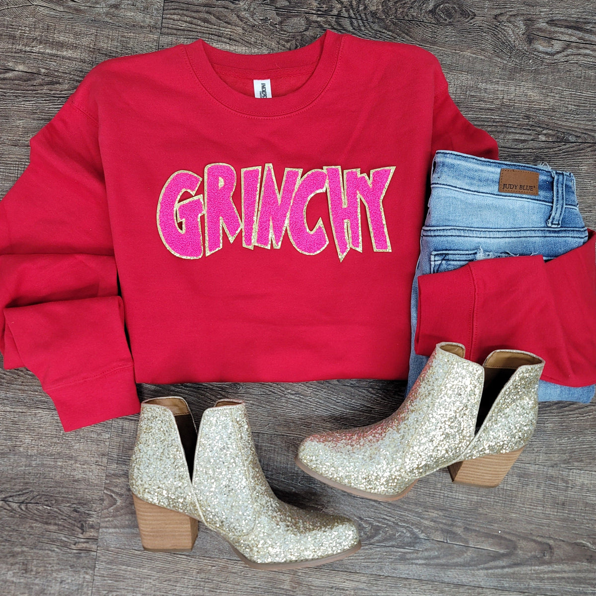 Hazel Blues® |  Grinchy Chenille Patch Sweatshirt: HOT PINK