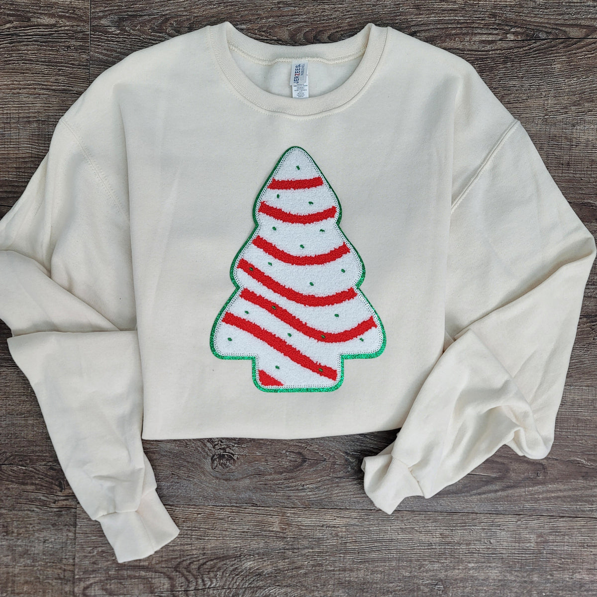 3Blues Designs |   Debbie Cake Tree Chenille Patch Sweatshirt