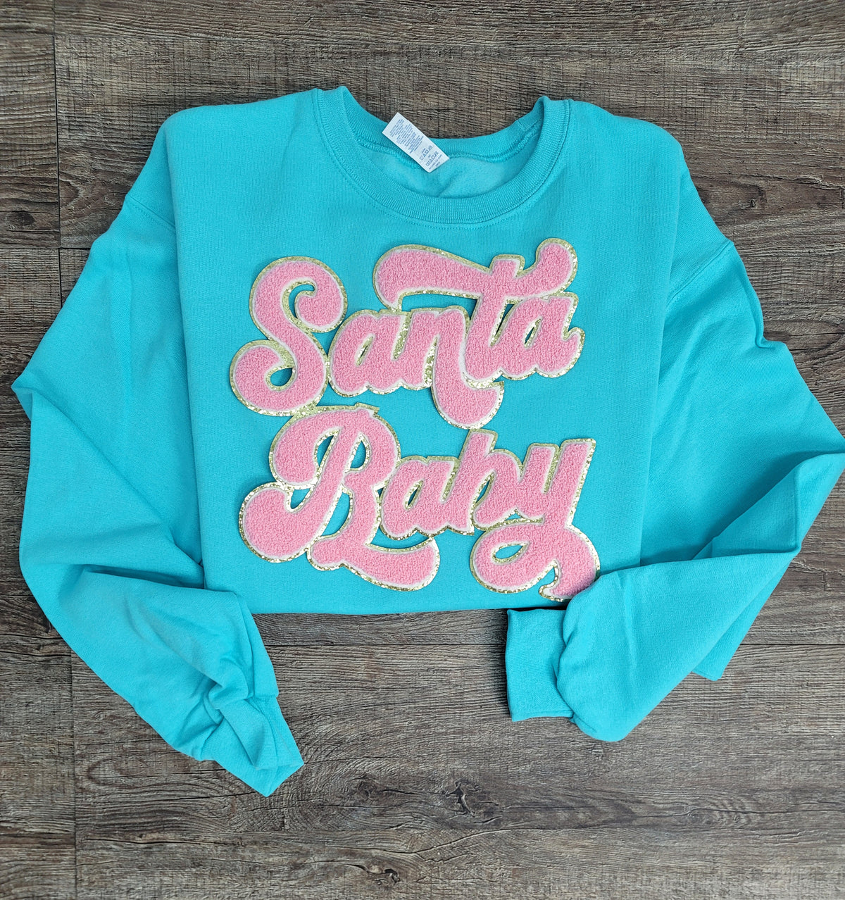 3Blues Designs |   Hazel Blues® |  Santa Baby Chenille Patch Sweatshirt: LIGHT PINK