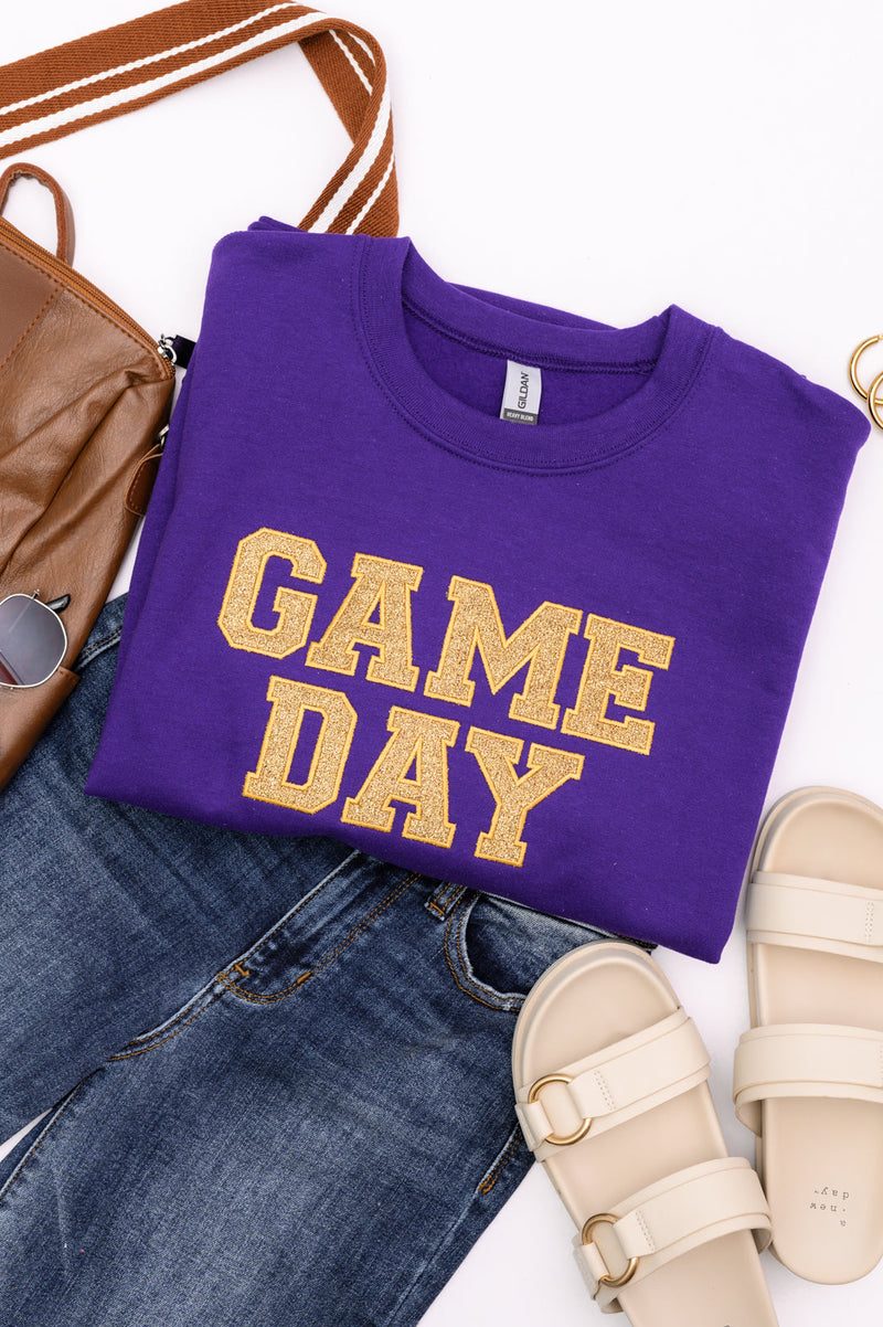 Hazel Blues® |  PREORDER: Embroidered Glitter Game Day Sweatshirt in Purple/Old Gold