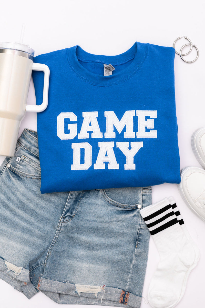 Hazel Blues® |  PREORDER: Embroidered Glitter Game Day Sweatshirt in Royal Blue/White